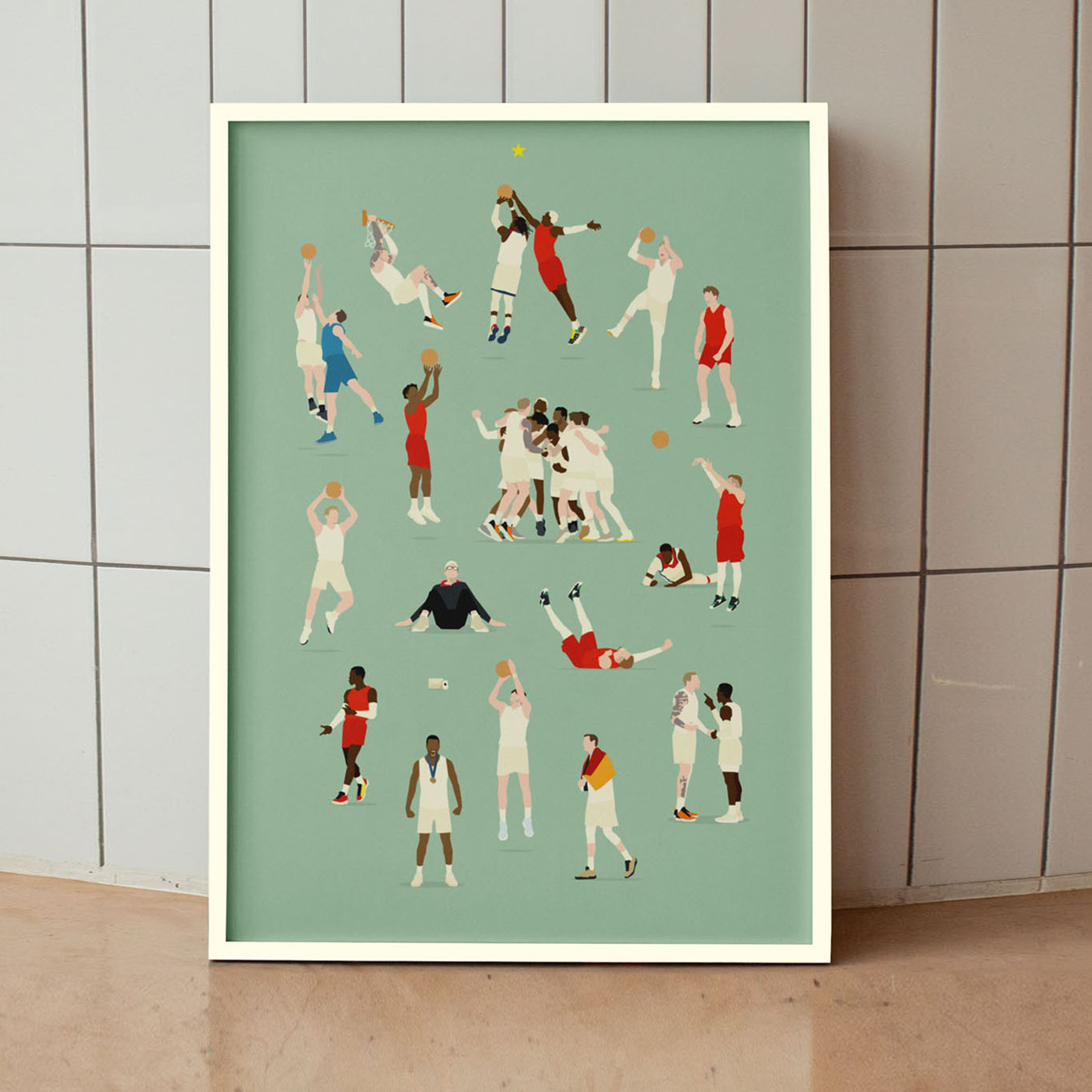 Eine lebendige Sammlung stilisierter Illustrationen, die verschiedene Basketballspieler in dynamischen Posen zeigt und die Energie und Aufregung des Sports hervorhebt.