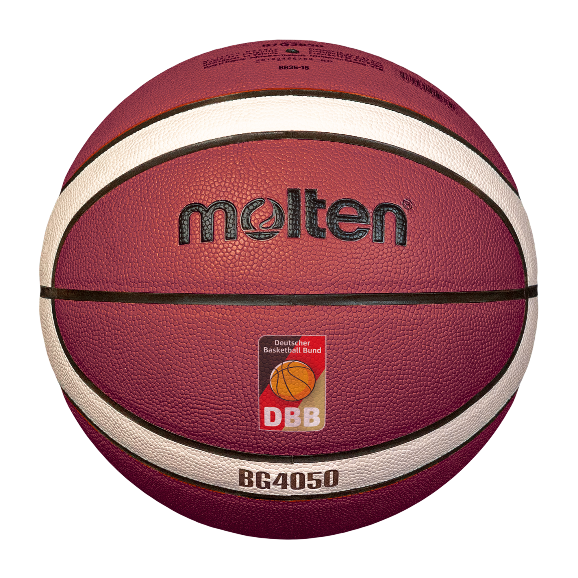 Das Bild zeigt den Molten BG4050 Basketball, der mit einem klassischen rot-weißen Design und dem FIBA-Logo versehen ist.